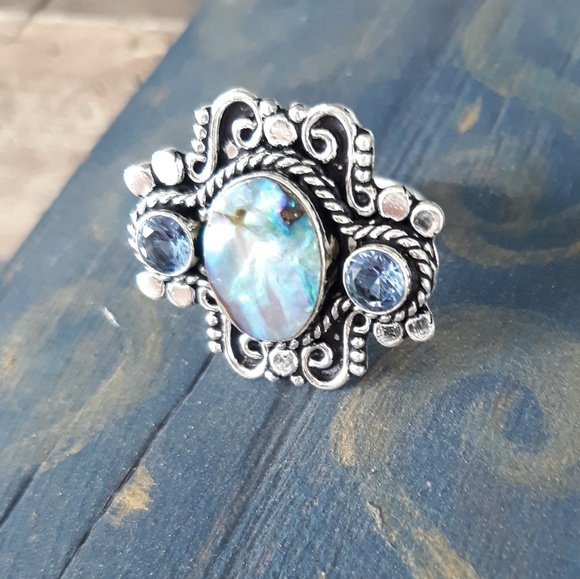 New Amazing Abalone Shell and Blue Quartz 925 Silver Ring. - Picture 4 of 8